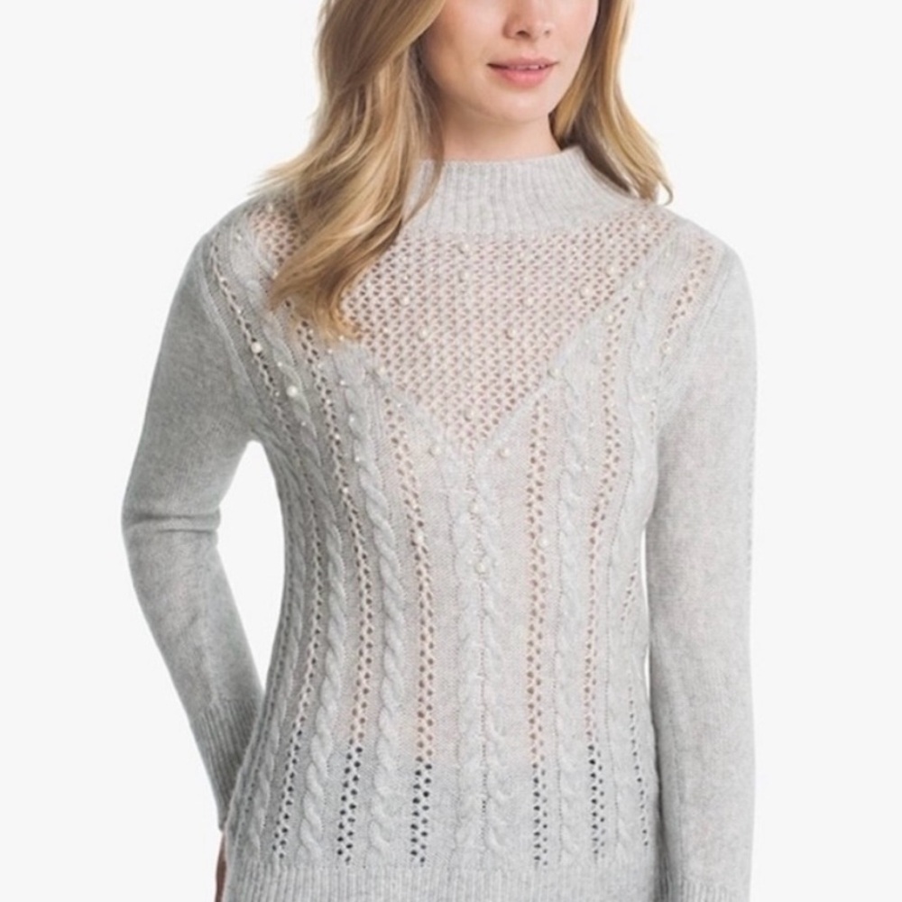 White House Black Market Gray Pearl Embellished Cable Knit Sweater - M